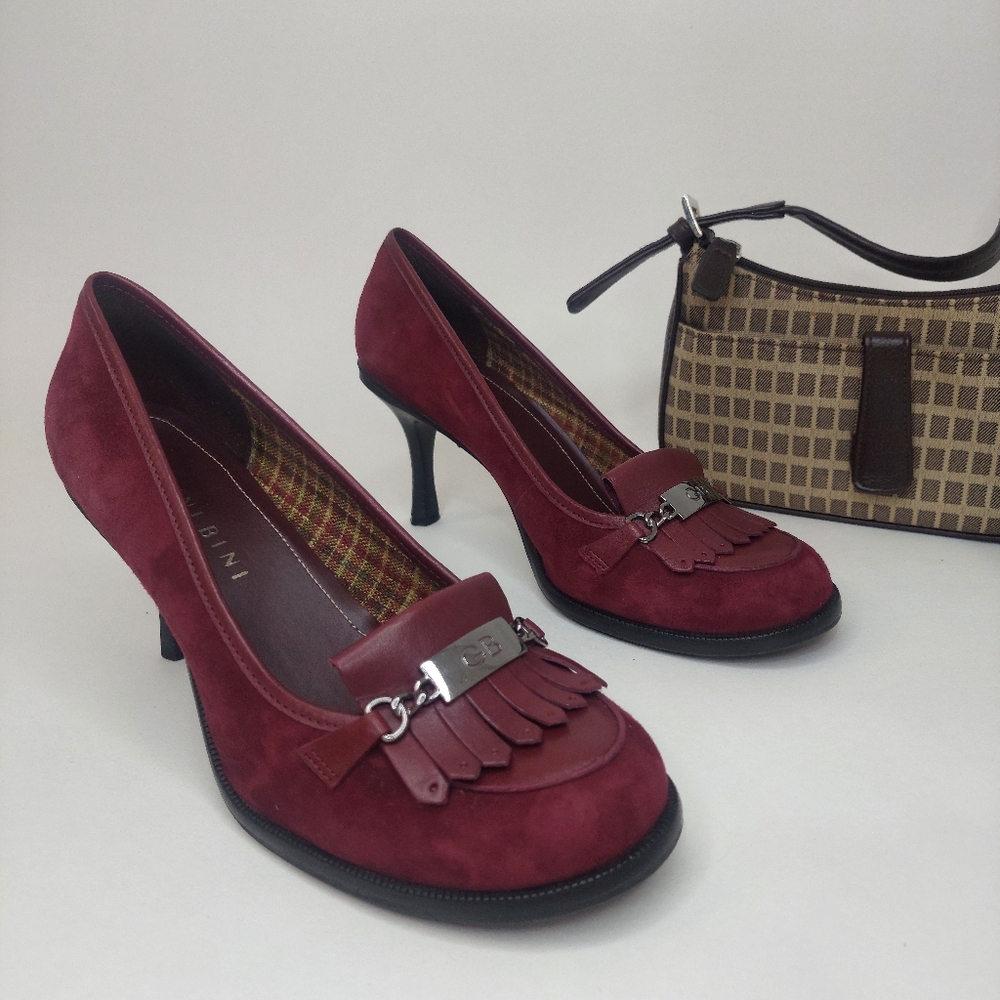 Gianni Bini Suede High Heel Penny Loafers Maroon Tassel Fringe Size 8 1/2 - 8.5